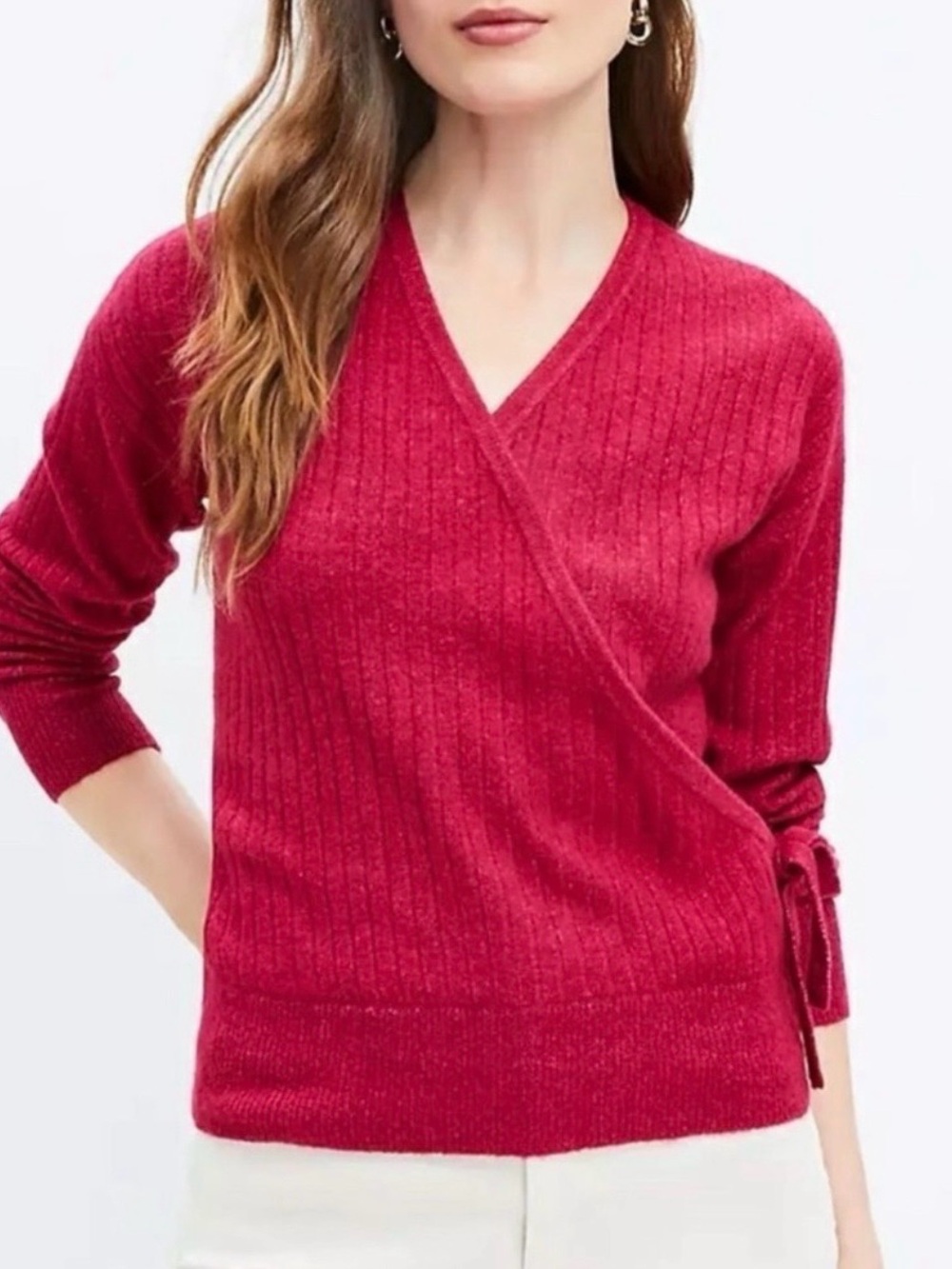 NWT LOFT Ribbed Wrap Sweater Pink Tie Waist V-Neck Long Sleeve Large